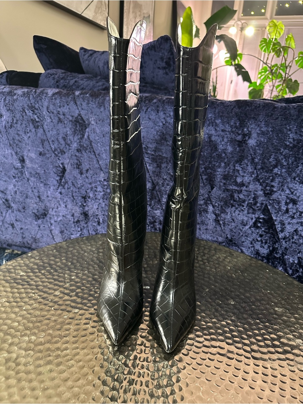 SCHUTZ Black Croc-Embossed Pointed Knee-High Heeled Boots